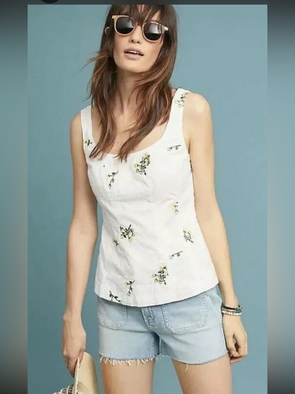 Anthropologie Vanessa Virginia Embroidered Floral Tank Top Size 10 White - Picture 1 of 10